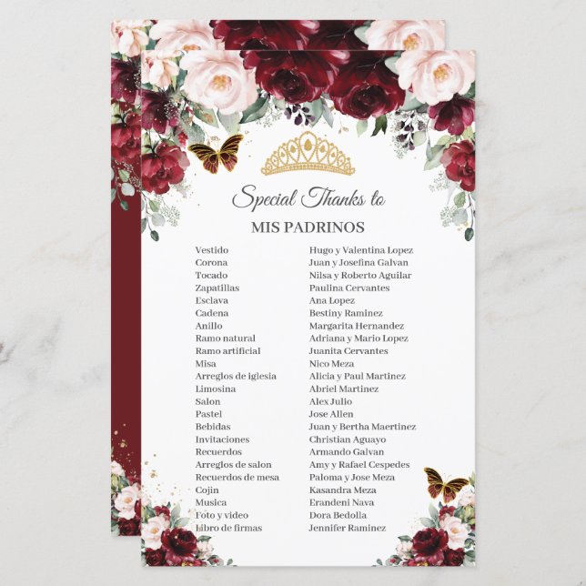 Quinceañera Burgundy Blush Obrigados Florais Padri (Frente/Verso)