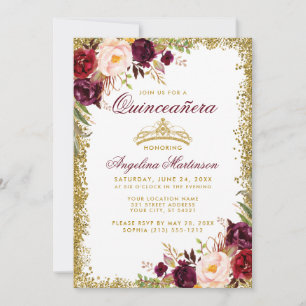 Quinceanera Burgundy Dourada Floral Convite