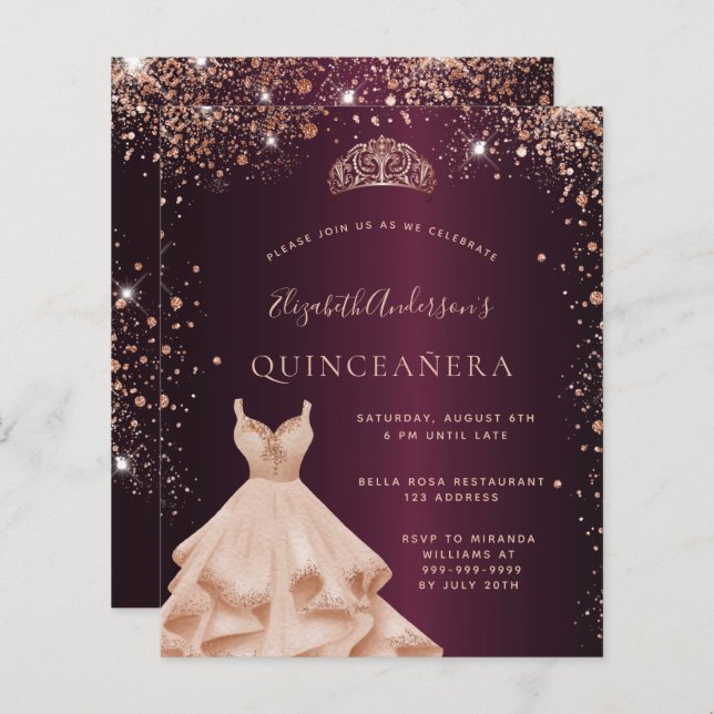 Quinceanera burgundy - rosa de ouro convite (Frente/Verso)