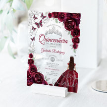 Quinceanera Burgundy Silver Floral