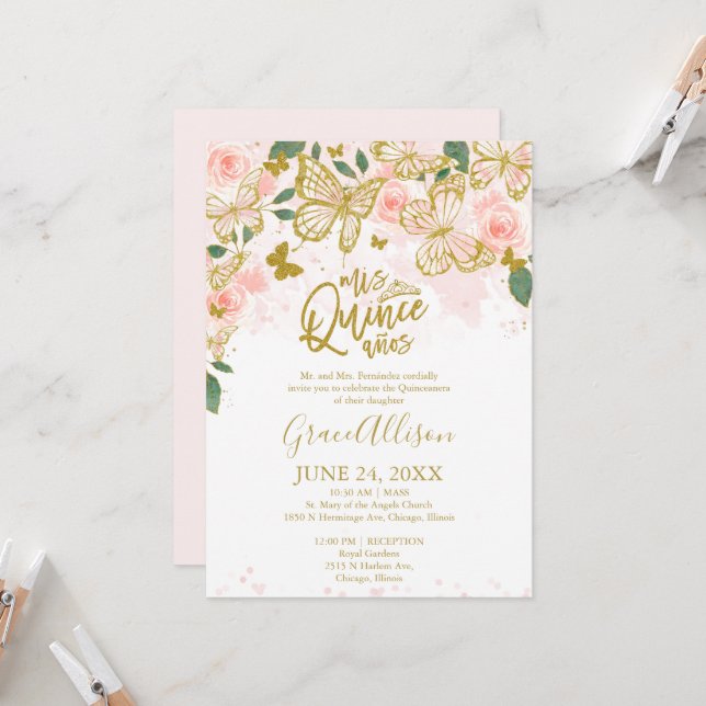 Quinceanera Butterfly Convite para Palavras Ingles (Frente/Verso In Situ)