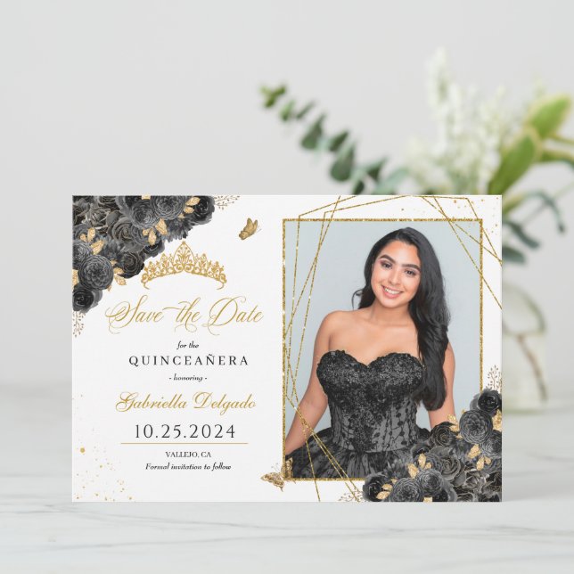 Quinceañera, Cartão com fotos Preto e Dourado, Sal (Em pé/Frente)