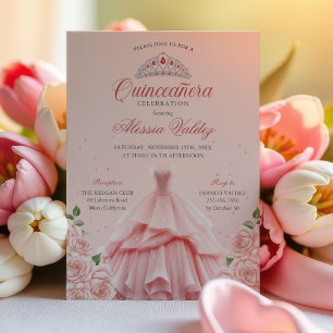Quinceanera Cola Rosa Vestido Prateado Convite Flo