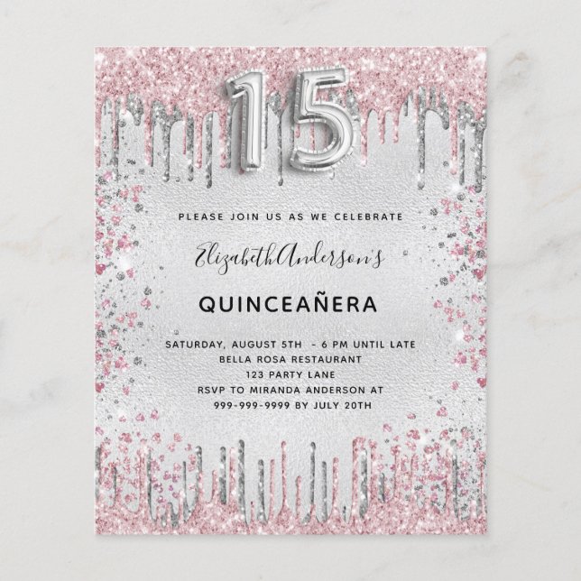 Quinceanera, convite à relva cor-de-prata (Frente)