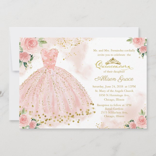 Quinceanera Convite Bilíngue Lâmpada Cor-de-Rosa (Frente)
