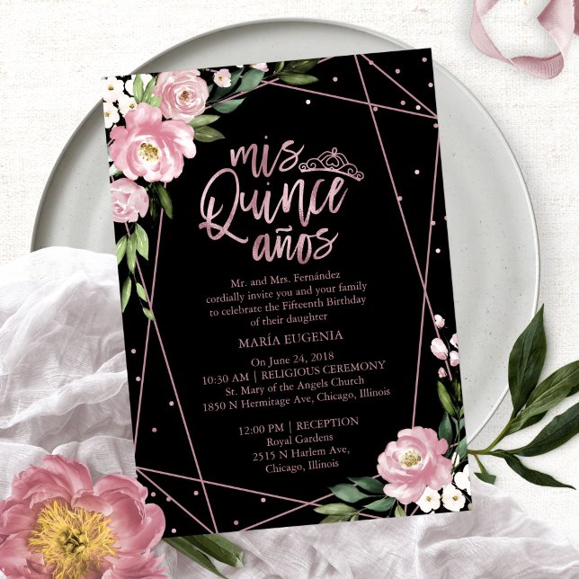 Quinceanera Convite Bilíngue Rosa Preto (Criador carregado)