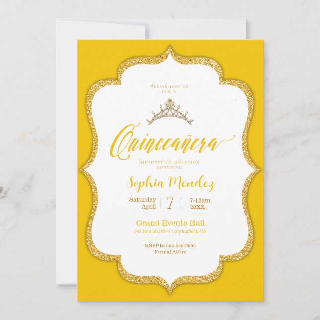 Quinceanera - Convite Corações Amarelo e Dourado (Frente)