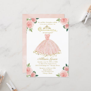 Quinceanera Convite Dourado Folha Rosa Escamoteada