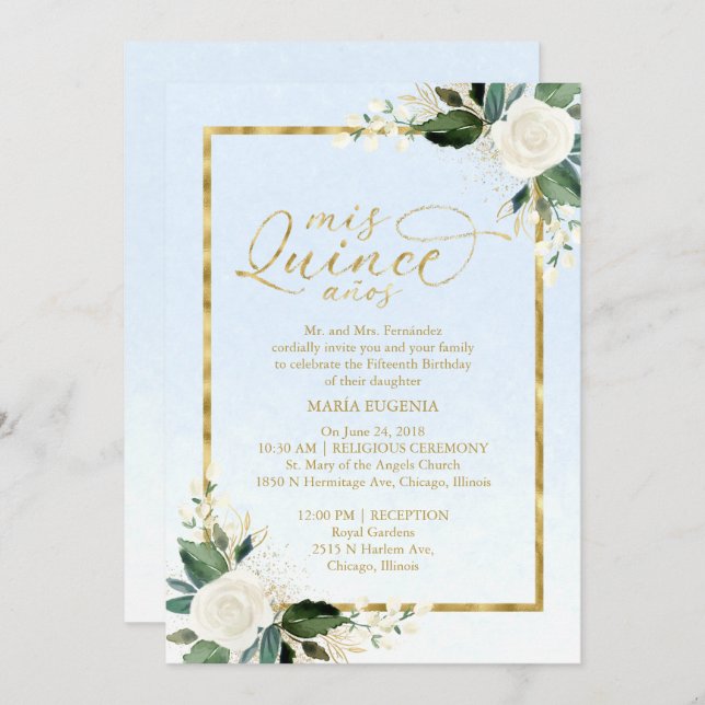 Quinceanera Convite Dusty Blue Foil Floral (Frente/Verso)