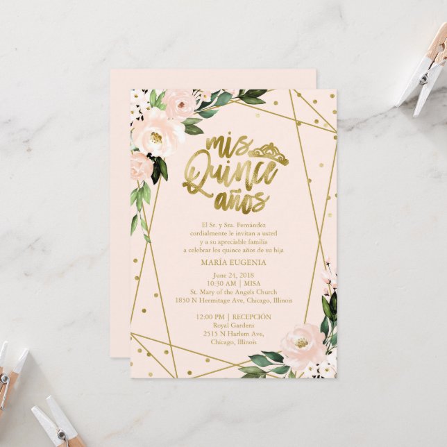 Quinceanera Convite Espanhol Blush Gold Foil (Frente/Verso In Situ)
