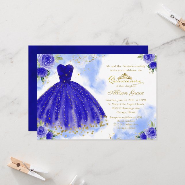 Quinceanera Convite Gold Foil Royal Blue Gown (Frente/Verso In Situ)