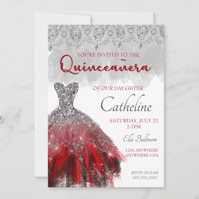 Quinceanera Convite para 15 de prata vermelha (Frente)