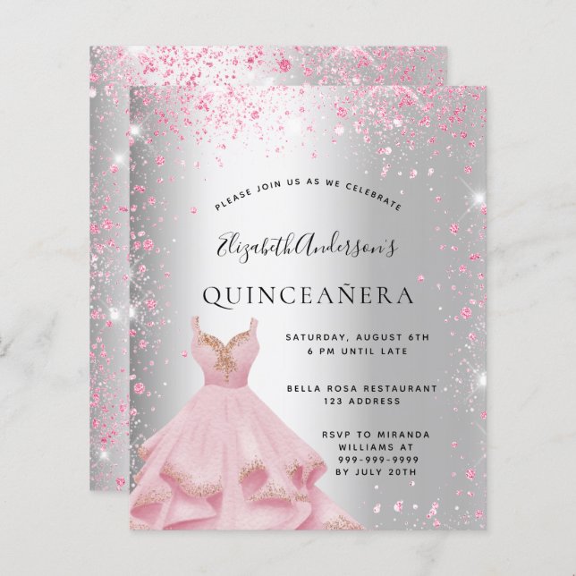Quinceanera, cor-de-rosa-prata convite para o orça (Frente/Verso)