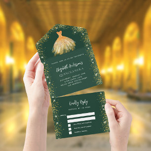 Quinceanera emerald green gold glitter RSVP