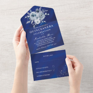Quinceañera Floral Azul Real e Prata