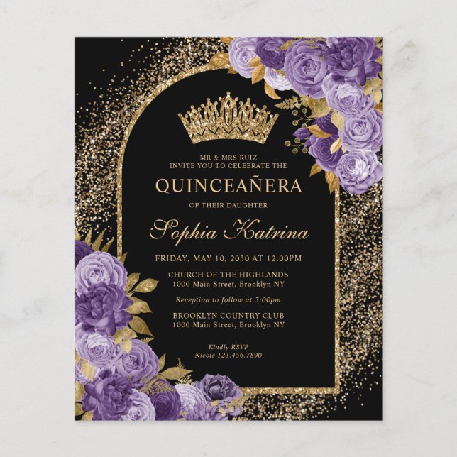 Quinceanera Floral Dourada Violeta Preta (Frente)