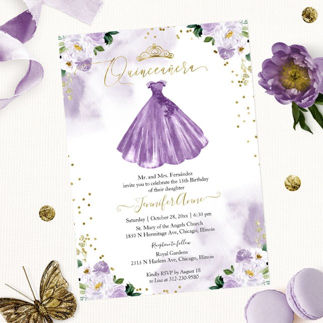 Quinceanera Floral Roxo Convite Bilíngue (Criador carregado)