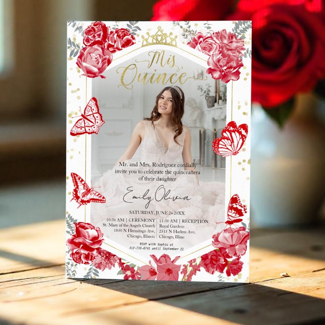 Quinceanera Foto Convite Foto Red Floral Gold Foil (Criador carregado)