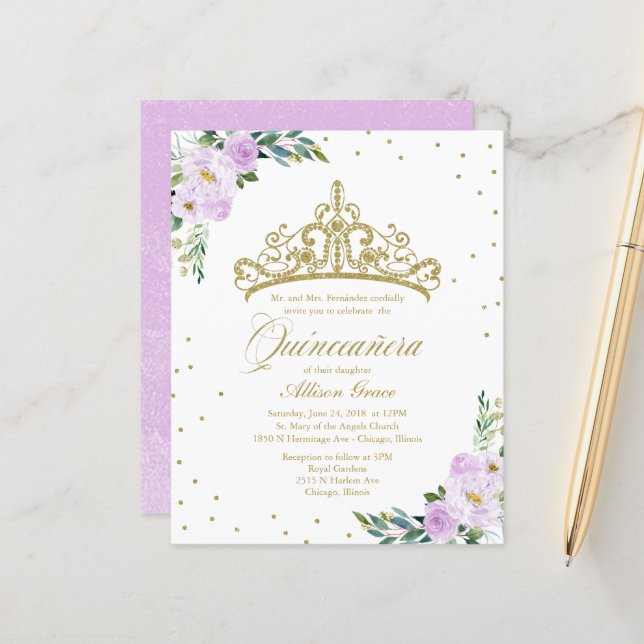 Quinceanera Orçamento Convite Dourado Tiara (Frente/Verso In Situ)