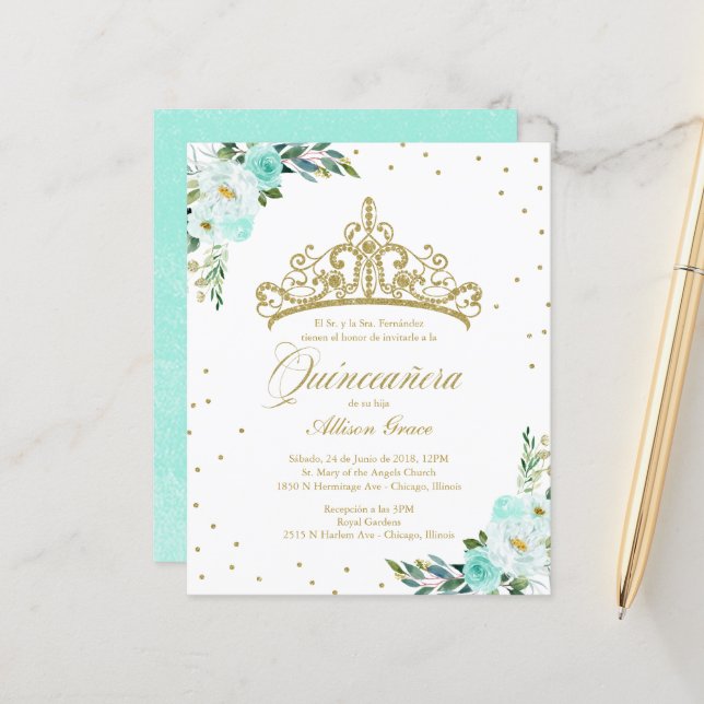 Quinceanera Orçamento Convite Espanhol Dourado Tia (Frente/Verso In Situ)