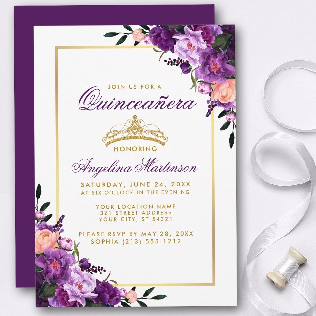 Quinceanera Purple Floral Dourada Crown Convite P (Customize to change text color, style, add text & photos to back or change color of back of card.)