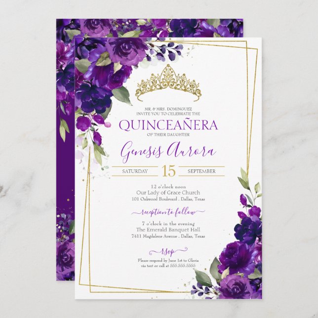 Quinceañera Purple Watercolor Convite Floral (Frente/Verso)