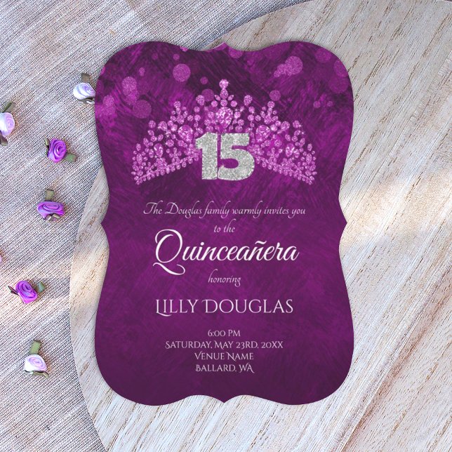 Quinceanera Púrpura, Rosa com Convite Tiara (royal purple quinceanera invitations with silver 15 and rhinestone tiara)