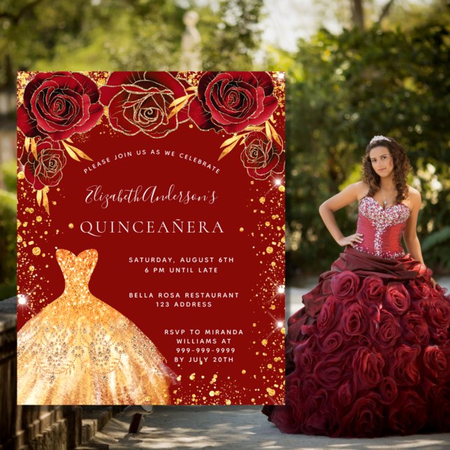 Quinceanera red gold dress floral (Criador carregado)