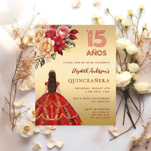 Quinceanera red gold dress floral convite