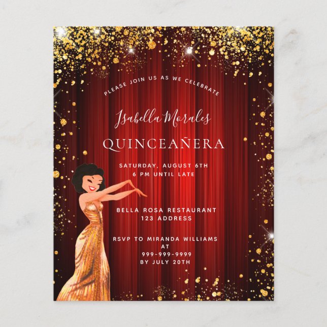 Quinceanera red gold gliter convite para vestir (Frente)