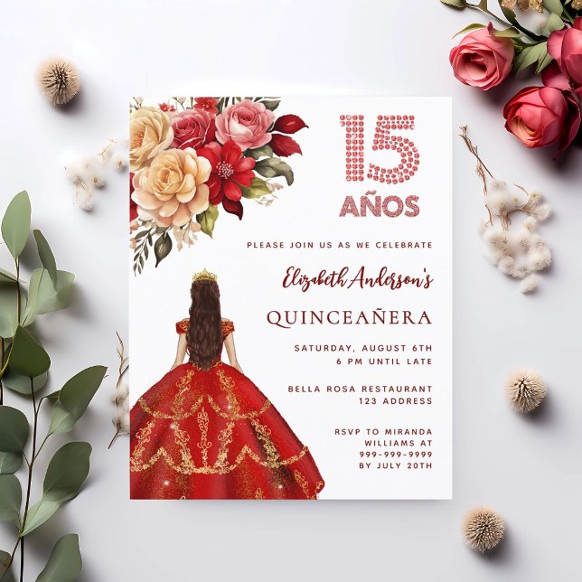 Quinceanera red gold rosa convite (Criador carregado)