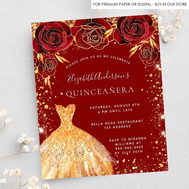Quinceanera red gold vestido convite para as mídia (Criador carregado)