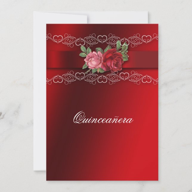 Quinceanera Red Pink Roses Red Satin Convite (Frente)