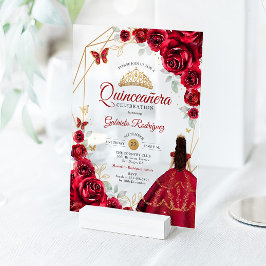 Quinceanera Red Roses Dress Gold White