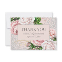Quinceañera Rosa Floral Brilho Prata Agradecimento