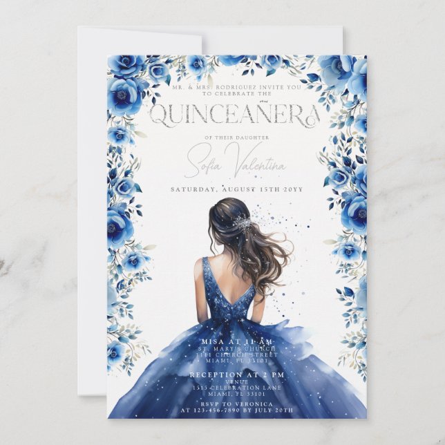 Quinceañera Royal Blue Floral Princess Convite (Frente)