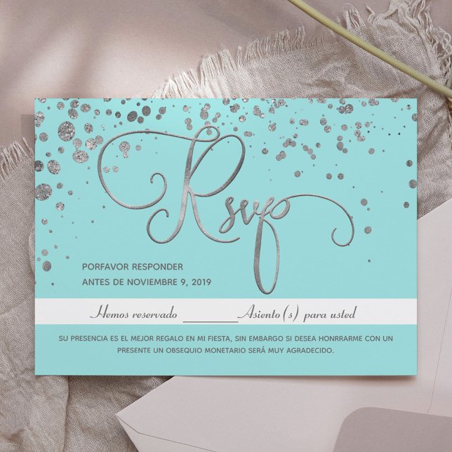 Quinceanera RSVP Blue Silver Cartão de Resposta Es (Criador carregado)