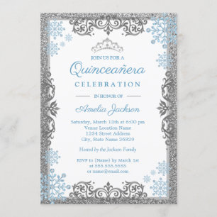 Quinceanera Silver Blue Sparkle Snowflake Convite