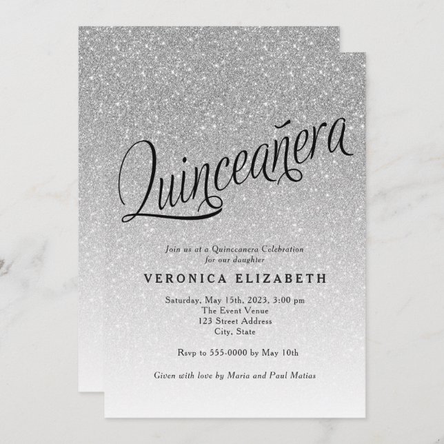 Quinceanera Silver Glitter Convite de Aniversário (Frente/Verso)