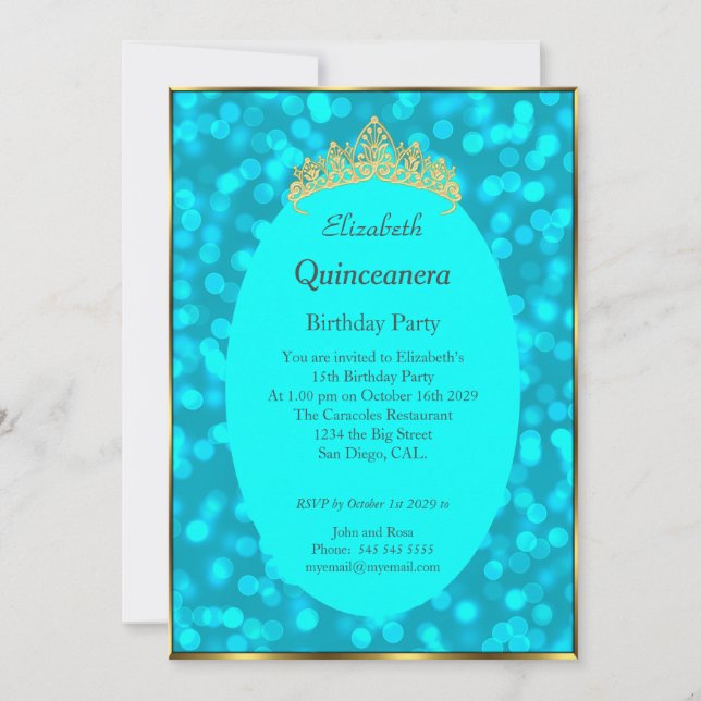 Quinceanera Teal Dourado Convite de aniversário (Frente)
