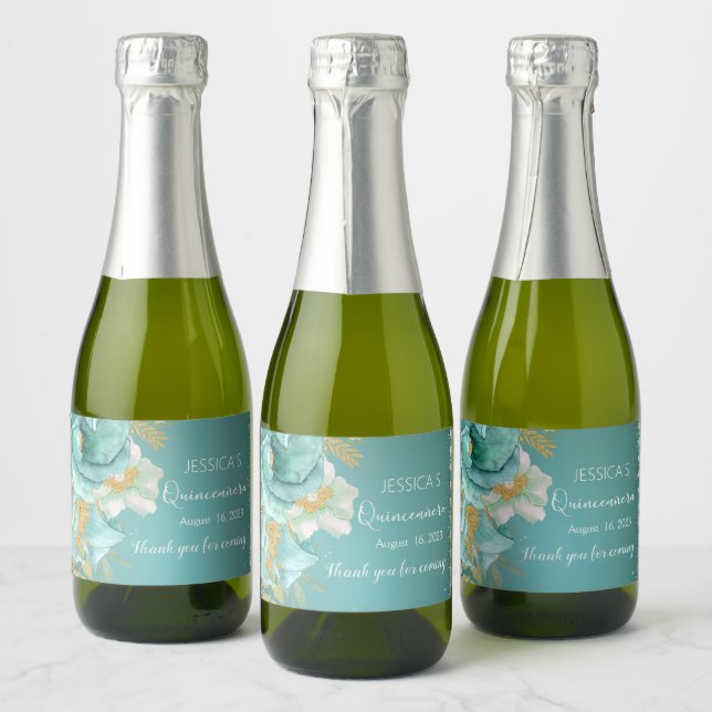 Quinceanera Teal Dourado Mini Vinho Espumante L (Garrafas)