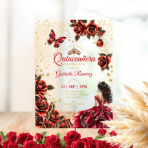 Quinceañera Vermelha Rosas Douradas Tiaras Borbole