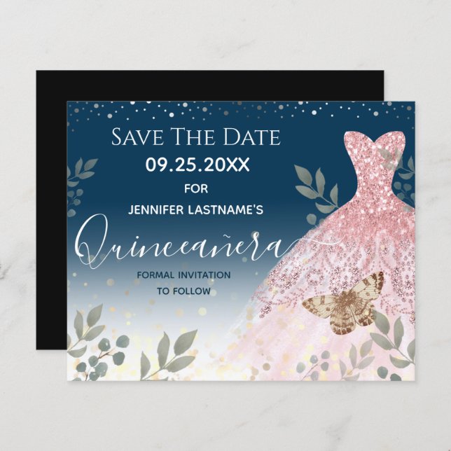 Quinceanera, vestido de prata e rosa, salva a data (Frente/Verso)