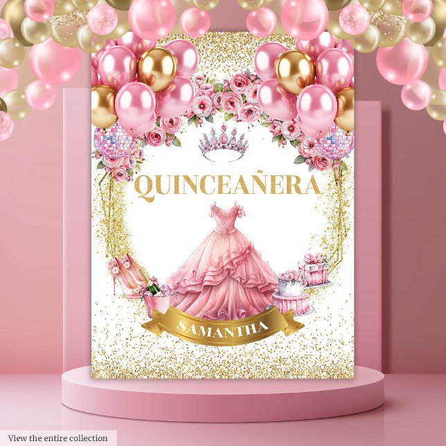 Quinceañera Wall Tapeçaria Rosa Vestido Dourado Ti (Quinceañera Wall Tapestry Pink Dress Gold Tiara

)