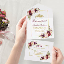 Quinceanera Watercolor Burgundy Coroa Dourada Flor
