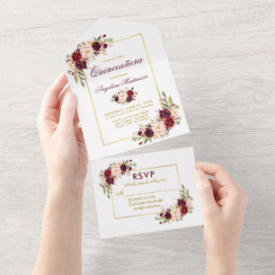 Quinceanera Watercolor Burgundy Quadro Dourado Flo