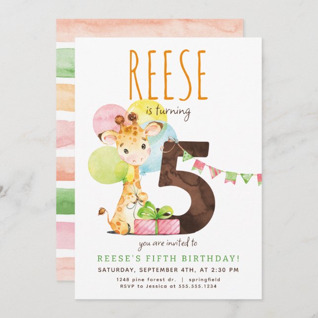 Quinta Convite de aniversário Giraffe (Frente/Verso)