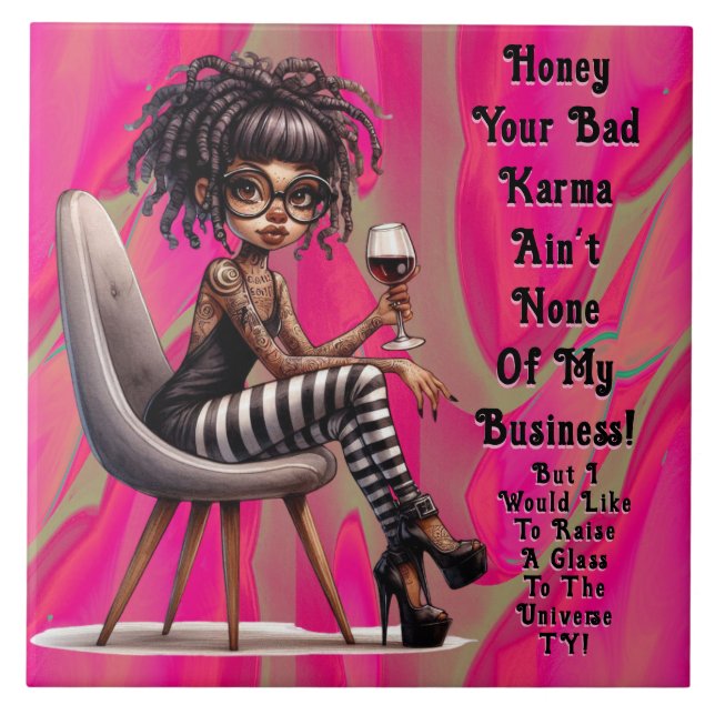Quirky Lady Tattoo & Wine Bad Karma Azulejo (Frente)