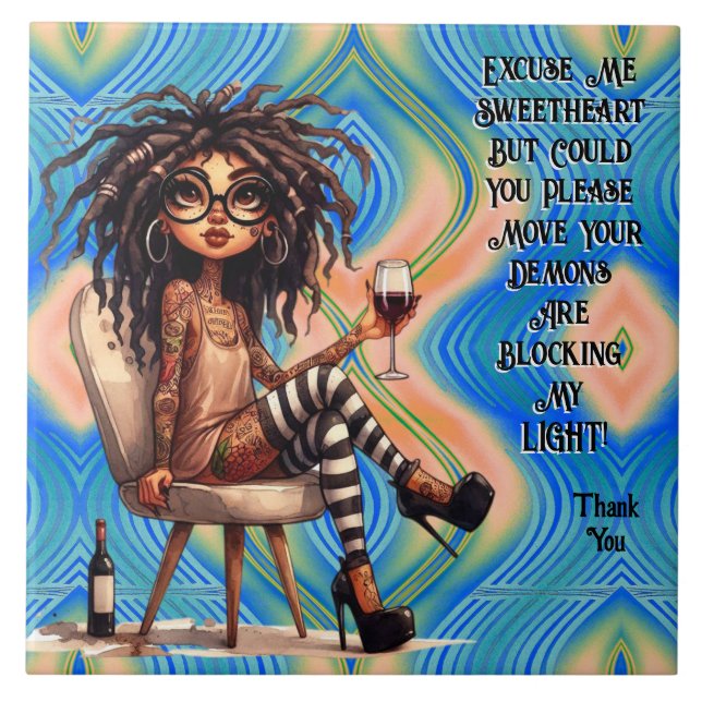 Quirky Lady Tattoo & Wine Desculpe-me Azulejo cerâ (Frente)