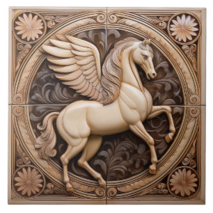R Cavalo Alado Art Nouveau em relevo bege falso